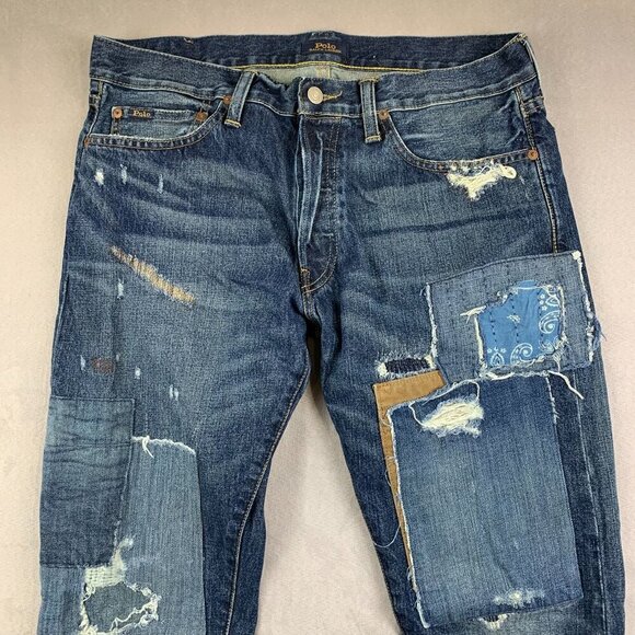 Ralph Lauren Polo Mens 33 Blue Distressed Jeans Sullivan Slim Patchwork 33x32 - Picture 2 of 16
